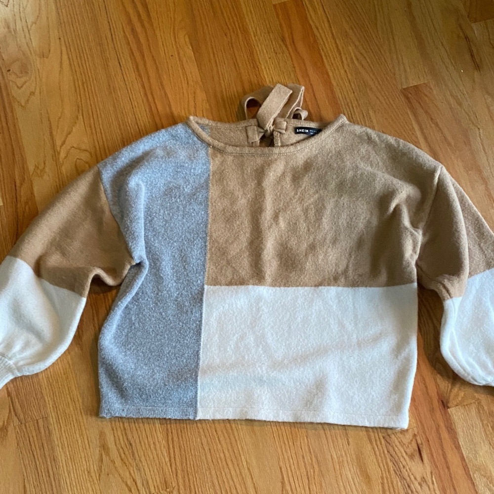 SHEIN Colorblock Sweater in Tan, Gray, and Cream